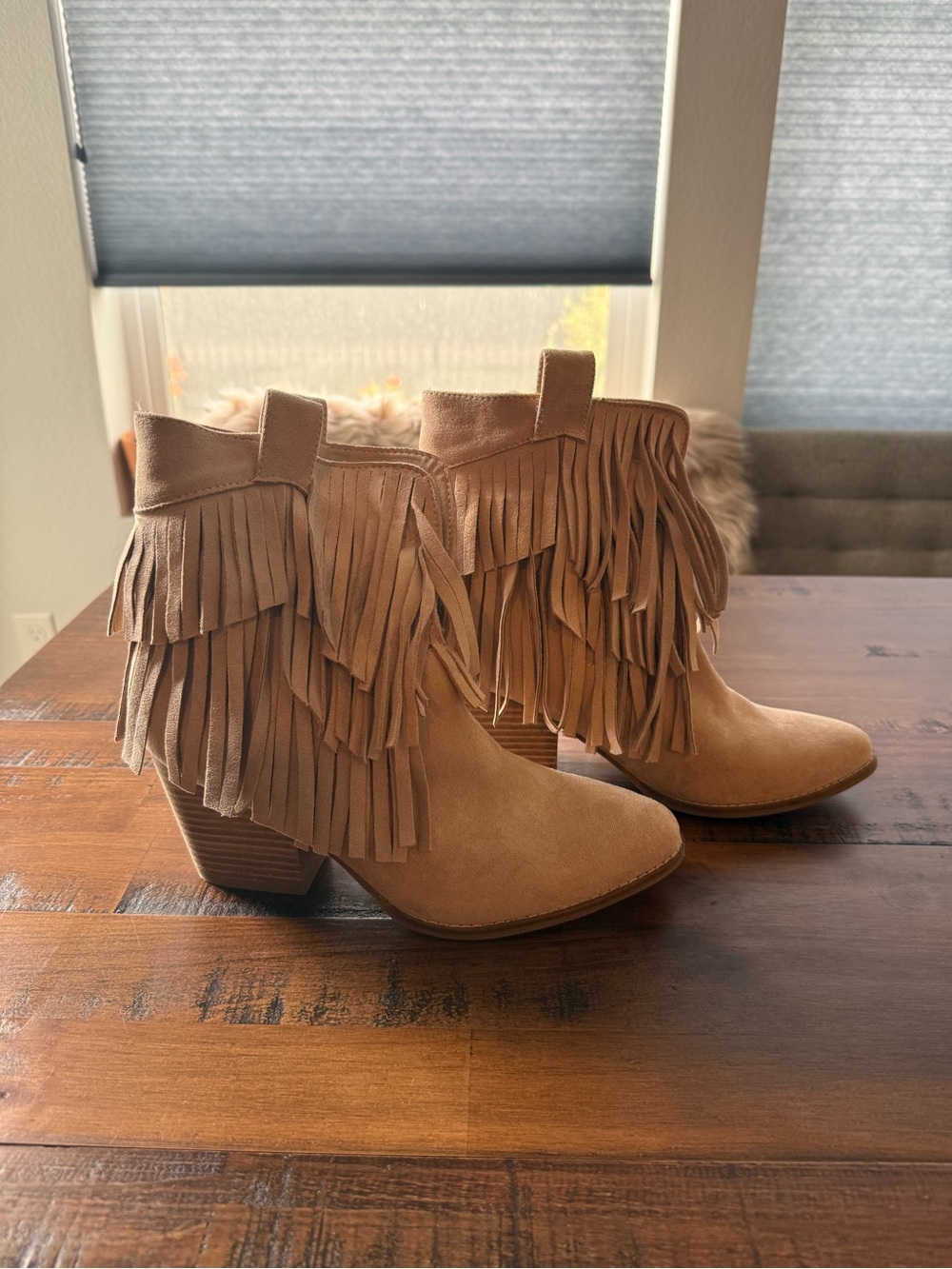 Fringed Suede Ankle Boots in Tan - Women's Western Block Heel